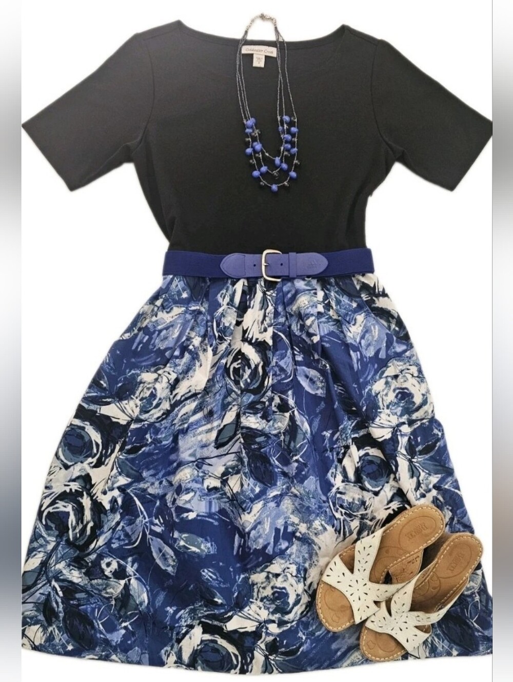 COLDWATER CREEK Knit Top Cotton Floral Print Midi Dress Size-8 Includes Belt